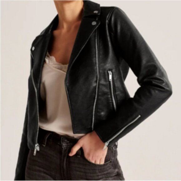 Abercrombie & Fitch Faux Leather Moto Jacket Vegan Biker Jacket Black Small - Picture 1 of 12